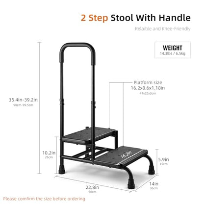 Step Stool with Handle, Non Slip Platform and Adjustable Handrail, Two Step Stool for Ederly, Adults and Handicap, Heavy Duty Foot Stool for High beds, Kitchen, Bathtub