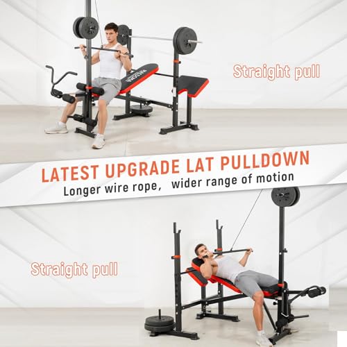 Multi-Function 8 in 1 Foldable Weight Bench Set with Leg Extension/Squat Rack, Adjustable Bench Press for Home Gym.（US Stock） - color: light red