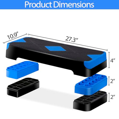 26.5" Height Adjustable Step Aerobic Platform with 4 Risers, Exercise Workout Stepper for Home Training, Gym Fitness, 4''- 6'' - 8'', 400 lbs Capacity - color: Blue