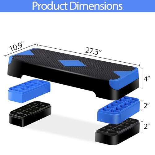 F2C 26.5 Inches Step Aerobics Stepper Platform with 3 Risers, Home Gym Workout Equipment, Fitness Exercise Equipment, Exercise Workout Stepper - color: Blue