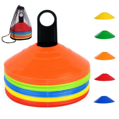 Soccer Cones (50 Pcs), Disc Cone Agility Training Sports Cone Plastic with Carry Bag & Holder for Football Basketball Drills Field Markers, (5 Colors)