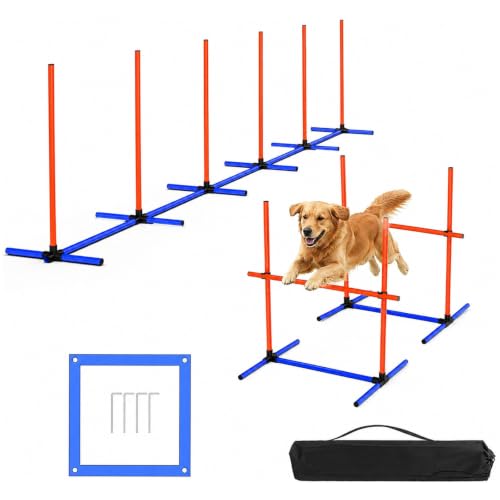 Dog Agility Training Equipment, 4-Sets Adjustable Dog Jumps & Hurdles Set for Backyard, Outdoor Dog Obstacle Course Training Starter Kit with Weave Poles, Pause Box & Carrying Bag for Large Small Dogs