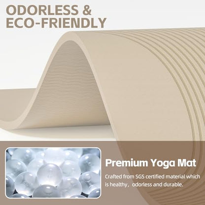 PAIDU Large Yoga Mat, 72" x 36" x 2/5"（10MM） Thick Non-Slip Exercise Mat, SGS-Certified POE Material, Ideal for Home Gym, Yoga, Pilates, Fitness Workouts & Floor Mat - color: Beige - Double C
