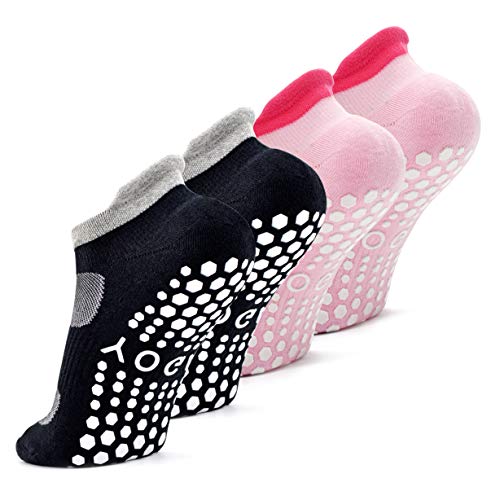 Busy Socks 2 Pack Women Ankle Non Slip Yoga Pilates Grip Socks with Cushion - color: 2 Pairs Black/Pink