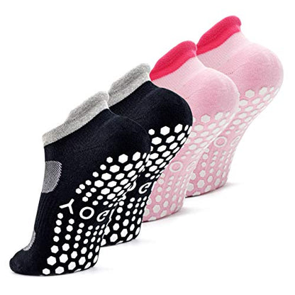 Busy Socks 2 Pack Women Ankle Non Slip Yoga Pilates Grip Socks with Cushion - color: 2 Pairs Black/Pink