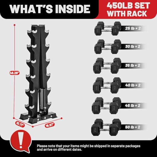 PAPABABE Hex Dumbbell Sets with Rack, 100-600lb Rubber Coated Dumbbell Weight Set and Storage Rack, Multiple Options Hand Weights for Strength Training - style: 450lb Set (Pair of 25, 30, 35, 40, 45, 50lb)