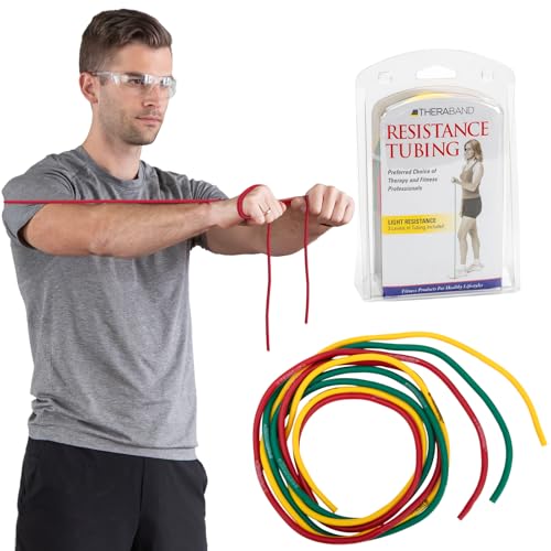 THERABAND Resistance Tubes, Begginer Set, Yellow, Red, and Green, 5 ft Latex Tubing, Home or Clinic Use, Cut-to-Fit, Color-Coded Resistance Bands for Upper & Lower Body Workouts