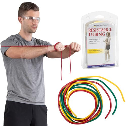 THERABAND Resistance Tubes, Begginer Set, Yellow, Red, and Green, 5 ft Latex Tubing, Home or Clinic Use, Cut-to-Fit, Color-Coded Resistance Bands for Upper & Lower Body Workouts