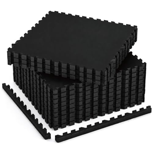 AIRHOP 1'' Ultra-Thick 48 Sq Ft Rubber Top Gym Flooring for Home Gym, 12 Tiles High Density EVA Foam Exercise Mats, Interlocking Puzzle Mats for Home Workout, Floor & Equipment Protection, Black - color: Black, size: 48 Sq Ft (12 Tiles)