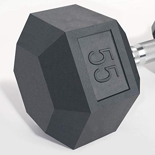 LIONSCOOL Odorless Rubber Encased Hex Dumbbells in Pairs or Single, Hand Dumbbell Weight with Metal Handle for Strength Training, Resistance Training, Build Muscle and Full Body Workout, 5-65lbs - style: 55LB SINGLE
