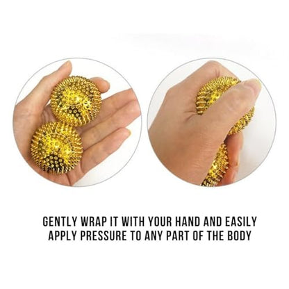 Acupoint Physical Golden Massage Therapy - 2 PC Spiky Metal Coated Deep Tissue Hand Massage Balls for Acupressure Tissue Massage Trigger Point Therapy, Reflexology and Magnet Therapy (2 Inch)