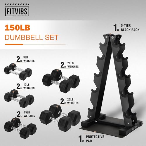 Fitvids Dumbbell Set with Rack, Rubber Coated Hex Dumbbell Weights in 150lbs, 5, 10, 15, 20, 25lbs Pair, Black
