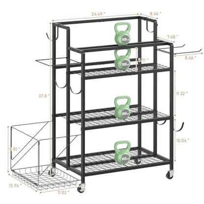 Home Gym Storage Rack, Multi-functional Workout Equipment Storage for Dumbbells, Kettlebells & Yoga Mats, Heavy Duty Weight Rack for Home Garage Gym, Rolling Fitness Equipment Organizer with Hook