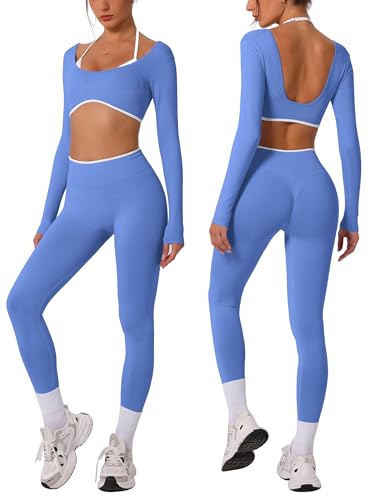 ABOCIW Workout Sets for Women Long Sleeve Crop Top Scrunch Butt Lifting High Waist Leggings 2 Piece Gym Yoga Outfits - color: Azure, size: Medium