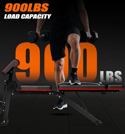 Foldable Adjustable Weight Bench with Leg Extension & Preacher Pad for Home Gym, Bench Press for Full Body Workout with Leg Developer, 900Lbs Capacity & Space-Saving Design