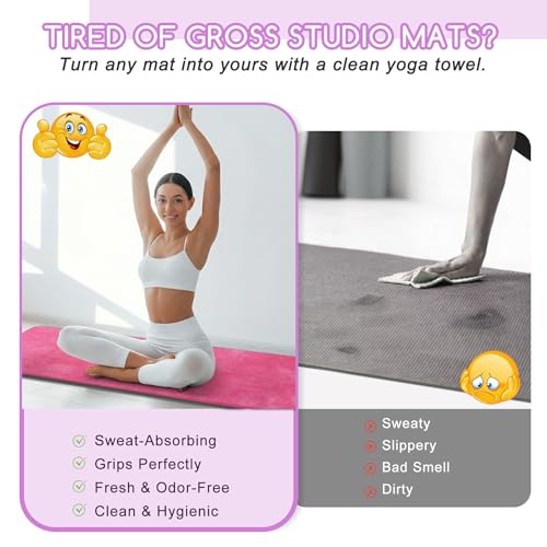Yoga Mat Towel, Extra Thick (600GSM) Soft Hot Yoga Towel, Non-Slip and Sweat Absorbent for Hot Yoga, Bikram, Pilates, and Fitness, 72" x 27.5", Dual-Color, Grey/Pink - color: Dark Pink