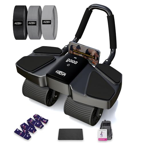 Ab Roller Home Gym Equipment – 4 Wheels Ab Wheel Muscle Roller with Automatic Rebound, Yoga Stretching Strap, 3 Resistance Bands – Comfortable Elbow Support with Non-Slip Handles – Built-in Workout Tracker