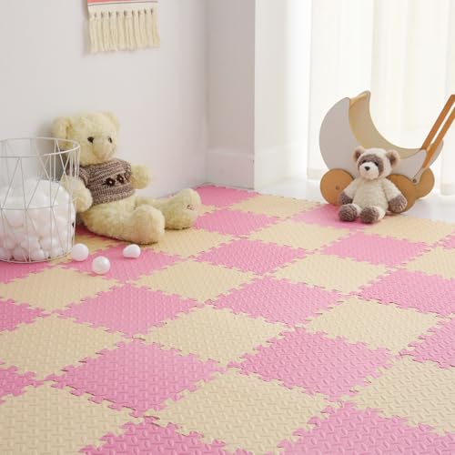 16 Tiles, 0.4 Inch Thicked Interlocking Floor Mats with Solid Colors, Squares Baby Play Mat, EVA Foam Puzzle Floor Mat Foam Mats for Kids, Baby, Toddlers (Beige/Pink) - color: Beige/Pink, size: 16 Pcs/47.2*47.2