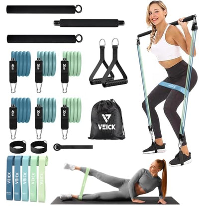 VEICK Pilates Bar Kit with Resistance Bands, Elastic Workout Bands for Men Women, Set of 5 Resistance Loop Bands for Home Fitness Stretching Strength Training