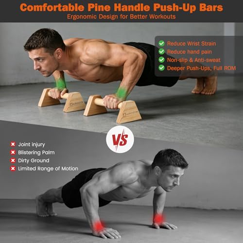 AIROGYM Wooden Parallettes, 2PCS Parallettes Bars, Non-Slip Calisthenics Bars Equipment, Solid Wood Push Up Bars Grip for Floor Strength Training, Home Gym Workout, Support 550 Lbs Handstand