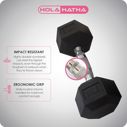 HolaHatha Hexagonal Dumbbell Free Hand Weight Set w/Rack - color: Black, style: 150lb Set
