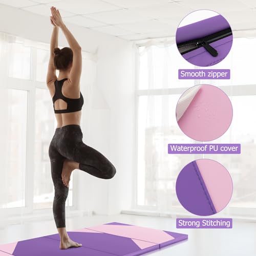GYMAX Gymnastics Mat, 4 FT x 10 FT x 2 Inches Folding Exercise Mat w/Carrying Handles, Hook & Loop Fasteners, Tumbling Mat Waterproof for Yoga, Stretching, Home Gym