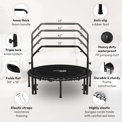 Rebounder Trampoline for Adults with Bar and Elastic Bands, 450/550 lbs Mini Trampoline for Adults, Exercise Trampolines, Rebounders with Adjustable Handle, Indoor/Outdoor 40/48 in