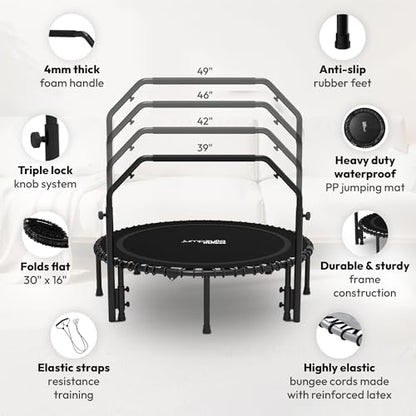 Rebounder Trampoline for Adults with Bar and Elastic Bands, 450/550 lbs Mini Trampoline for Adults, Exercise Trampolines, Rebounders with Adjustable Handle, Indoor/Outdoor 40/48 in