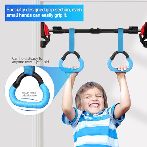 ’s Adjustable Gymnastic Rings Set with 1m Straps, Blue Cartoon Design, Strength Training Equipment for Pull-ups and Fitness Workout