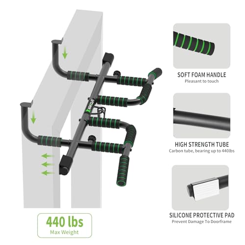 New Upgrade Pull Up Bar for Doorway with Ergonomic Grip - Upto 440 Lbs Capacity, No Screwing or Slipping - USA Original Patent, Designed, Shipped, Warranty