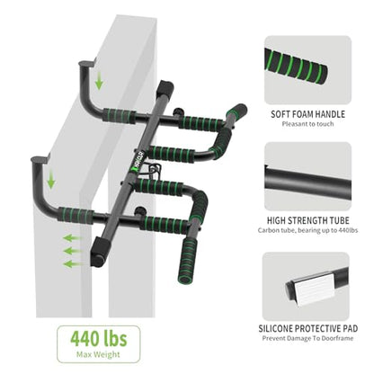 New Upgrade Pull Up Bar for Doorway with Ergonomic Grip - Upto 440 Lbs Capacity, No Screwing or Slipping - USA Original Patent, Designed, Shipped, Warranty