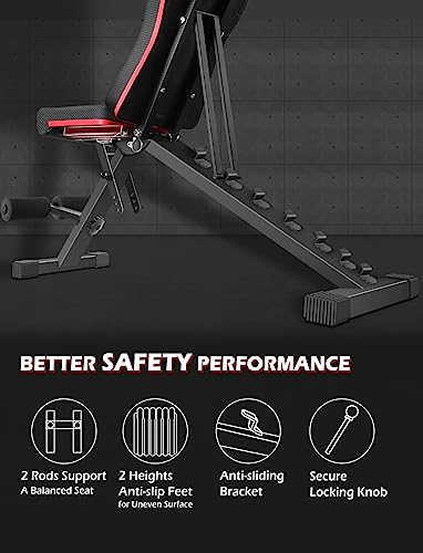 LINODI Adjustable Weight Bench for Home Gym，Foldable Incline Decline Flat Workout Bench for Full Body Strength Training, Dumbbell Press & Ab Exercises