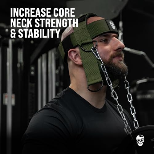 Gymreapers Neck Harness Weight Lifting - Neck Trainer Workout Equipment - Heavy Duty Stainless Steel Chain, Adjustable Neoprene Head Strap, Exercise Equipment for Strength & Pain Relief - color: OD Green