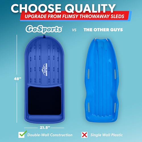 GoSports 2 Person Premium Snow Sled - Choose Red or Blue - Double Walled Construction, Pull Strap and Padded Seat
