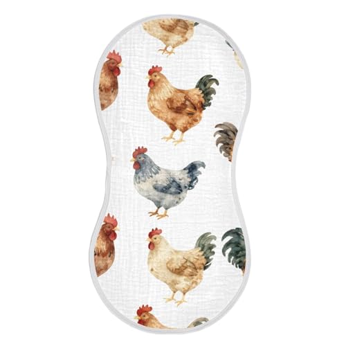 Hen and Rooster Muslin Burp Cloths 1 Pack - Extra Large 22"x11", 4-Layer Soft Absorbent Cotton, Waterproof Backing, Baby Drool Rags for Newborn