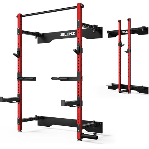 JELENS FS01 Folding Squat Rack, Wall Mounted Power Rack for Home Gym, Space Saving Multi-Functional Power Cage with More Attachments - color: Red, size: FS01 Squat Rack