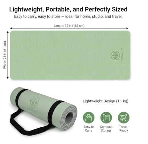 Premium TPE Yoga Mat 6mm Info Swipe – Eco-Friendly Non-Slip, Odor-Free, Lightweight & Durable | SGS Tested, REACH Compliant, GRS Certified | 72"x24" with Carrying Strap