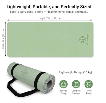 Premium TPE Yoga Mat 6mm Info Swipe – Eco-Friendly Non-Slip, Odor-Free, Lightweight & Durable | SGS Tested, REACH Compliant, GRS Certified | 72"x24" with Carrying Strap