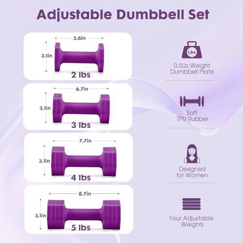 EQUIPRO Adjustable Dumbbell Set, 4 in 1 Free Weights Dumbbells Set for Women, Weights for Women at Home, 2lb 3lb 4lb 5lb with TPU Soft Rubber Handle for Home Gym Exercise Training - color: Purple