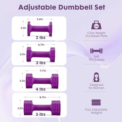 EQUIPRO Adjustable Dumbbell Set, 4 in 1 Free Weights Dumbbells Set for Women, Weights for Women at Home, 2lb 3lb 4lb 5lb with TPU Soft Rubber Handle for Home Gym Exercise Training - color: Purple