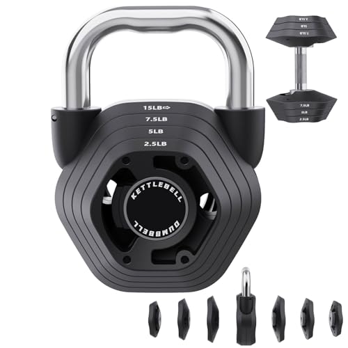 2-in-1 Adjustable Kettlebell, 15-45LB Kettlebells Weight Set for Strength Training, 5.9-30.9LB Adjustable Weights Dumbbell for Home Gym Full Body Workout