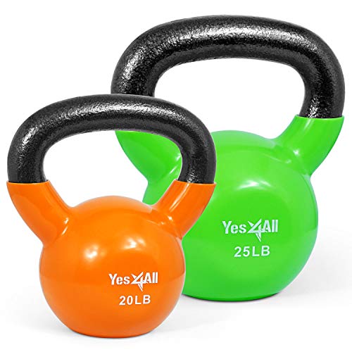 Yes4All Kettlebell, Vinyl Coated Kettlebell Cast Iron Sets with Stable Flat Bottom for Full Body Workout, Push up, Grip Strength Training & Weights Exercises - color: Multicolor, style: 20 - 25lb