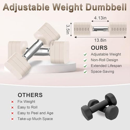 Hezeyferg 30.8LB Adjustable Dumbbell Set, Each Adjustable Weight Dumbbell with 6 Levels 4.4/6.6/8.8/11/13.2/15.4lb, Hand Weights Set for Men/Women Home Gym Exercise Workout - color: Beige