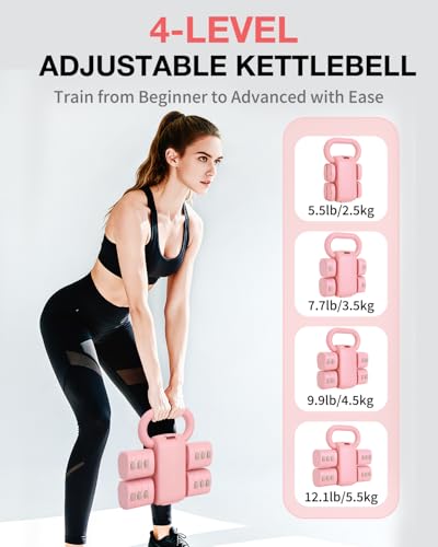 Adjustable 2-in-1 Dumbbell & Kettlebell Set, Free Hand Weight 4.4lb~11lb for Home Gym Training - color: Pink