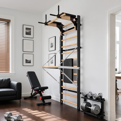Swedish Ladder Pro, Wood Stall Bar with Push-Through Bar, Adjustable Pull-Up Dip Bar for Adults and Kids, Accessories Bundle, Spring, for Home, School, Physical Therapy and Gymnastics - size: 40"x90“x26"