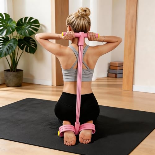 Pedal Resistance Bands with Handles, Upgrade 6-Tubes Manual Tension Training Pedal, Natural Rubber Foot Pedal Resistance Bands, Multifunction Fitness Bands for Abdomen, Waist, Arm, Leg - color: Pink