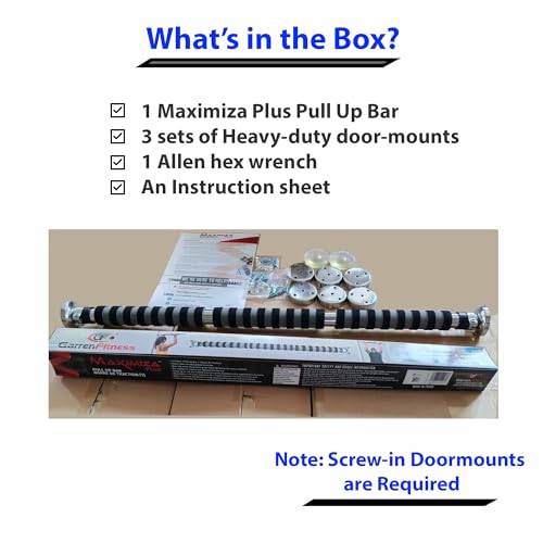 Maximiza Plus Pull Up Bar V2 – Wide Doorway Pullup Bar/Chinup Bar with 3 Sets of Screw-in Door-Mounts – Only for Doors Wider Than 36 Inches (Adjustable Width 36 to 50 Inches)