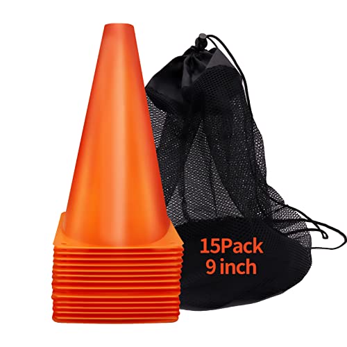 Cones Sports 9 Inch, 15 Pack Training Cones for Soccer Practice, Agility Field Cone Set for Drills Football Basketball, Plastic Cones for Outdoor Indoor Games - color: orange cones sports x 15, 9 inch
