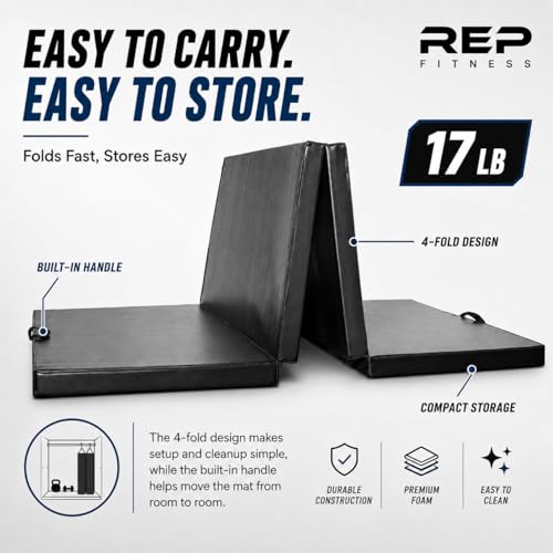 REP Fitness Folding Gym Mat, 4-Fold Design, Non-Slip Durable Exercise Mat for Home Workouts, Yoga, Tumbling, Stretching, and Floor Protection, Padded Gymnasium or Gymnastics Pad, 4’x8’, 2.5" Thick