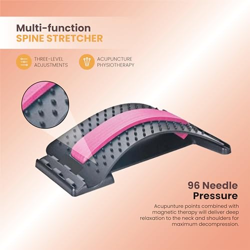 Ergonomic Back Stretcher for Lower Back Pain Relief. Lumbar Support with Acupressure Points. Portable Spine Deck for Lower Back&Posture Correction. Back Cracking Device with 4 Adjustable Levels (Pink)